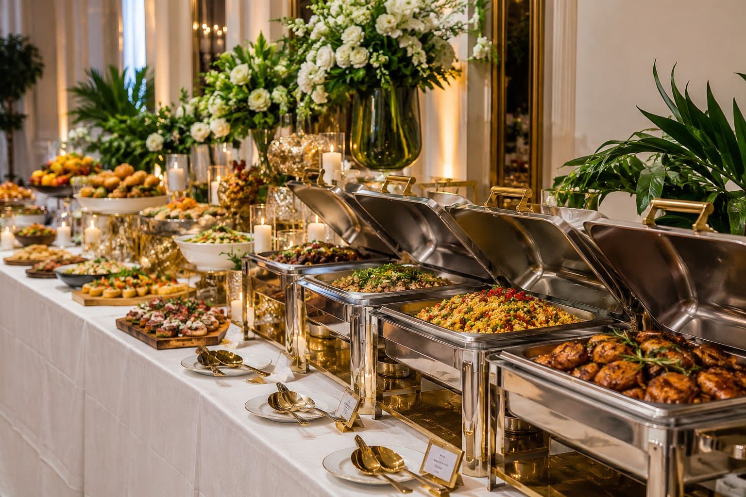 Buffet de réception garni, plats disposés sur une station de service mise en scène